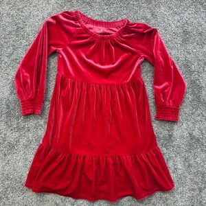 Kids Red Velvet Tiered Dress Long Sleeve Smocked Cuffs Size XXS 4/5 Holiday
